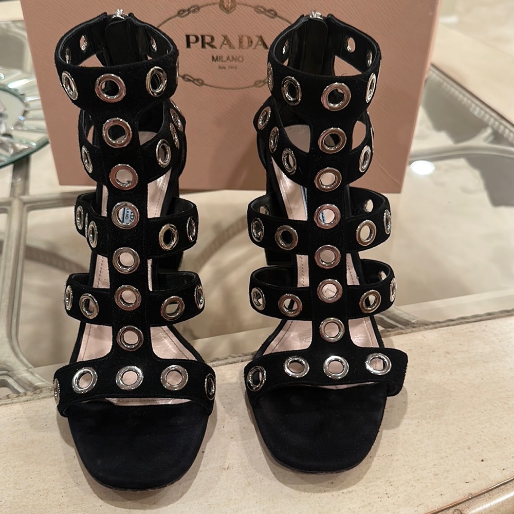 PRADA black suede & silver grommets chunky heel sandals.